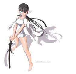 Rule 34 | 1girl, barefoot, black eyes, black hair, character name, eyepatch, full body, hands on hilt, jacket, jacket on shoulders, long hair, military, military uniform, nenchi, one-piece swimsuit, ponytail, sakamoto mio, school swimsuit, shadow, simple background, smile, solo, strike witches, swimsuit, sword, uniform, weapon, white background, white one-piece swimsuit, white school swimsuit, world witches series