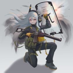 Rule 34 | 1girl, absurdres, ammunition pouch, as val, assault rifle, blue hair, clenched teeth, explosion, folding stock, gloves, gun, headphones, highres, holding, holding gun, holding shield, holding weapon, horns, jacket, kalashnikov rifle, klottinen, light blue hair, load bearing equipment, long hair, long sleeves, magazine (weapon), on one knee, original, pouch, purple eyes, rifle, shield, shoes, single horn, smoke, sneakers, solo, sportswear, strap, tactical clothes, teeth, thigh strap, trigger discipline, weapon, yellow gloves, zipper