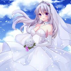 Rule 34 | 1girl, :d, ahoge, alternate costume, ayachi nene, bare shoulders, blue sky, blush, bouquet, breasts, bridal veil, cleavage, collar, commentary request, cowboy shot, day, detached collar, dress, elbow gloves, eyelashes, falling petals, floating clothes, floating hair, flower, gloves, grey hair, hair between eyes, hair flower, hair ornament, happy, holding, holding bouquet, jewelry, large breasts, long hair, looking at viewer, miyako (mongcocoa), necklace, open mouth, outdoors, petals, pink flower, purple eyes, rose, sanoba witch, shiny skin, sky, smile, solo, standing, strapless, strapless dress, tiara, veil, very long hair, wedding dress, white collar, white dress, white flower, white gloves, white rose, white veil