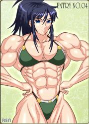 Rule 34 | 1girl, abs, bikini, blue eyes, blue hair, extreme muscles, leona heidern, looking at viewer, muscular, muscular female, ren (tainca2000), swimsuit, the king of fighters