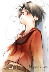 Rule 34 | 10s, 1girl, admiral (kancolle), belt, bespectacled, black eyes, black hair, bruise, frown, glasses, hand on another&#039;s head, head on chest, hinoru saikusa, injury, kantai collection, mogami (kancolle), out of frame, sailor collar, short hair, shorts
