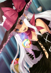 Rule 34 | 10s, 1girl, :d, absurdres, black gloves, bow, breasts, cleavage, dutch angle, earrings, elbow gloves, elf, food, gloves, hat, heart, heart earrings, highres, ice cream, ice cream cone, jewelry, long hair, melty (shining hearts), open mouth, pointy ears, purple eyes, sega, shining (series), shining hearts, silver hair, smile, solo, tony taka, witch, witch hat