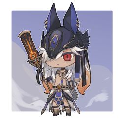 Rule 34 | 1boy, animal hat, black choker, black hat, chibi, choker, closed mouth, commentary request, cyno (genshin impact), dark-skinned male, dark skin, egyptian clothes, full body, genshin impact, hair between eyes, hair over one eye, hat, highres, holding, holding polearm, holding weapon, long hair, male focus, polearm, red eyes, simple background, solo, spear, standing, weapon, white hair, zaso
