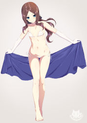 Rule 34 | 1girl, asami asami, bare legs, bare shoulders, barefoot, bikini, blue eyes, breasts, brown hair, collarbone, elbow gloves, fate/grand order, fate (series), full body, gloves, grey background, holding, holding towel, leonardo da vinci (fate), leonardo da vinci (fate/grand order), leonardo da vinci (rider) (fate), long hair, looking at viewer, low ponytail, micro bikini, navel, parted bangs, parted lips, ribbon, shiny skin, side-tie bikini bottom, simple background, small breasts, smile, solo, standing, stomach, swimsuit, thighs, towel, twitter username, white bikini, white gloves, white ribbon