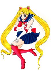Rule 34 | 1girl, absurdres, bishoujo senshi sailor moon, blonde hair, blue eyes, clip studio paint (medium), crescent, crescent earrings, earrings, eye contact, facing viewer, gloves, highres, jewelry, long hair, looking at another, looking at viewer, magical girl, non-web source, parted bangs, sailor moon, sailor senshi uniform, self-upload, simple background, skirt, solo, very long hair, white background, yel mizuno