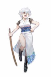 Rule 34 | 1girl, absurdres, ahoge, black footwear, black shirt, blush, boots, breasts, clenched hand, female focus, genderswap, genderswap (mtf), gintama, godzillapigeon1, grey hair, happy, highres, holding, holding sword, holding weapon, japanese clothes, japanese text, kimono, leg up, light blush, looking at viewer, medium breasts, obi, one eye closed, open mouth, red eyes, ribbon-trimmed sleeves, ribbon trim, sakata gintoki, sash, shirt, short hair, short sleeves, side slit, simple background, skirt, sleeveless, sleeveless kimono, smile, solo, standing, standing on one leg, sword, translated, weapon, white background, white kimono, white skirt, wink, wooden sword