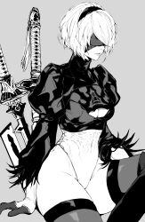 Rule 34 | 1girl, 2b (nier:automata), absurdres, black hairband, blindfold, boots, breasts, cleavage, cleavage cutout, closed mouth, clothing cutout, commentary, cowboy shot, elbow gloves, feather-trimmed sleeves, feather trim, foot out of frame, gloves, grey background, greyscale, hairband, heattech leotard, highleg, highleg leotard, highres, juliet sleeves, katana, knee up, leotard, long sleeves, medium breasts, monochrome, nier:automata, nier (series), nishiii26miii, parted lips, pink lips, puffy sleeves, short hair, simple background, sitting, solo, spot color, swept bangs, sword, thigh boots, thighhighs, thighs, turtleneck, weapon, white hair, wide hips