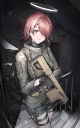 Rule 34 | 1girl, absurdres, arknights, assault rifle, black gloves, black pantyhose, black shorts, breasts, detached wings, energy wings, exusiai (arknights), gloves, gun, hair over one eye, halo, highres, jacket, looking at viewer, orange eyes, pantyhose, r oot, red hair, rifle, shorts, sleeves past elbows, small breasts, solo, weapon, wings