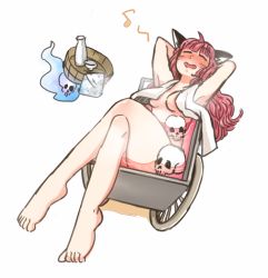 Rule 34 | 1girl, animal ears, bad feet, bad id, bad pixiv id, barefoot, bathing, blush, cat ears, crossed legs, artistic error, fang, feet, full body, kaenbyou rin, long hair, musical note, nude, open mouth, partially submerged, quaver, red hair, simple background, sketch, skull, smile, solo, toes, touhou, towel, tsuga, wheelbarrow, white background, wrong foot