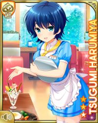 Rule 34 | 1girl, :d, apron, aqua eyes, ascot, blue dress, blue hair, breasts, card (medium), character name, day, dress, girlfriend (kari), green eyes, harumiya tsugumi, indoors, looking at viewer, official art, open mouth, parfait, qp:flapper, restaurant, short hair, smile, standing, striped clothes, striped dress, table, tagme, thighhighs, tomboy, white apron, white thighhighs, yellow neckwear