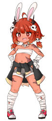 Rule 34 | 1girl, :d, ahoge, animal ears, bailingxiao jiu, bandages, bandaged arm, bandaged hand, bandaged leg, bandages, breasts, brown hair, budget sarashi, rabbit ears, clothes around waist, collarbone, full body, gradient hair, grey shorts, hair ornament, hands on own hips, highres, horns, long hair, low twintails, multicolored hair, navel, open mouth, original, pigeon-toed, red eyes, red footwear, red hair, sarashi, sharp teeth, shoes, short shorts, shorts, simple background, skull hair ornament, small breasts, smile, solo, standing, teeth, twintails, white background
