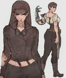 Rule 34 | 1girl, belt, blood, blood on face, blue eyes, boots, brown belt, brown hair, brown jacket, brown pants, goggles, goggles around neck, gun, highres, holding, holding gun, holding weapon, imperator furiosa, jacket, long hair, long sleeves, looking at viewer, mad max, mechanical arms, multiple views, pants, shirt, short hair, shotgun, single mechanical arm, solo, tattoo, torn clothes, weapon, white shirt, yoracrab