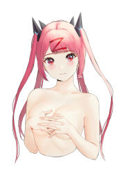 Rule 34 | 1girl, absurdres, artist name, blush, breasts, closed mouth, covering privates, covering breasts, cropped torso, headgear, highres, interlocked fingers, long hair, looking at viewer, medium breasts, original, own hands together, pink hair, quad tails, red eyes, regiana (jubi), simple background, solo, upper body, very long hair, white background