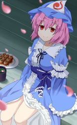 Rule 34 | 1girl, arm garter, blue hat, blue kimono, blurry, blurry foreground, breasts, commentary request, cropped legs, cup, dango, feet out of frame, food, furisode, hair between eyes, hat, highres, japanese clothes, kimono, large breasts, looking at viewer, mob cap, obi, petals, petals on liquid, pink hair, plate, red eyes, saigyouji yuyuko, sash, short hair, sitting, sleeves past fingers, sleeves past wrists, smile, solo, sugiyama ichirou, touhou, triangular headpiece, veranda, wagashi, yunomi