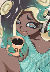 Rule 34 | 1girl, absurdres, aqua hair, aqua skin, blue eyes, blue sweater, cephalopod eyes, closed mouth, coffee, collarbone, colored skin, cup, dark-skinned female, dark skin, furrowed brow, gradient hair, gradient skin, grey hair, headphones, highres, holding, holding cup, long hair, long sleeves, looking at viewer, marina (splatoon), mole, mole under mouth, mug, multicolored hair, multicolored skin, muramasa mikado, nintendo, octoling, octopus girl, pink lips, pink pupils, ribbed sweater, single bare shoulder, smile, solo, splatoon (series), splatoon 2, sweater, tentacle hair, tentacles, two-tone hair, two-tone skin