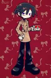 Rule 34 | 1boy, artist name, bags under eyes, black footwear, black hair, black nails, black pants, christmas, coat, coffee mug, colored skin, commission, commissioner name, cup, full body, fumus (funamusea), funamusea, funamusea (artist), highres, holding, holding cup, male focus, mug, multicolored hair, nail polish, non-web source, official art, pants, patterned background, red background, red hair, ribbon, shoes, short hair, skeb commission, solo, trench coat, two-tone hair, white skin