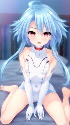 Rule 34 | 1girl, ahoge, bare legs, bare shoulders, barefoot, blue hair, blush, breasts, cameltoe, collar, covered navel, elbow gloves, feet, gloves, hair between eyes, highres, irori (irorixc), legs, leotard, light blue hair, looking at viewer, neptune (series), power symbol, power symbol-shaped pupils, red eyes, short hair with long locks, sitting, skindentation, small breasts, solo, symbol-shaped pupils, toenails, toes, wariza, white gloves, white heart (neptunia), white leotard