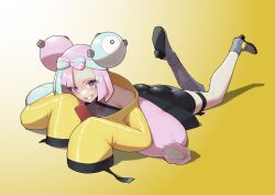 Rule 34 | 1girl, bike shorts, boots, character hair ornament, commentary request, creatures (company), full body, game freak, green hair, grey footwear, grey pantyhose, grey shirt, grin, hair ornament, highres, iono (pokemon), jacket, long hair, looking down, lying, multicolored hair, nintendo, on stomach, pantyhose, pink hair, pokemon, pokemon sv, purple eyes, shiny clothes, shirt, sigeru uncommon, single leg pantyhose, sleeves past fingers, sleeves past wrists, smile, solo, teeth, thigh strap, twintails, two-tone hair, yellow jacket