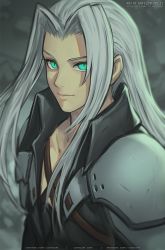 Rule 34 | 1boy, aqua eyes, armor, final fantasy, final fantasy vii, gofelem, long hair, looking at viewer, male focus, sephiroth, shoulder armor, silver hair, slit pupils, solo, upper body