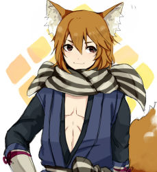 Rule 34 | 1boy, animal ears, brown eyes, fire emblem, fire emblem fates, fox ears, fox tail, himasen, kaden (fire emblem), male focus, nintendo, orange hair, scarf, simple background, solo, striped clothes, striped scarf, tail, white background