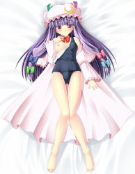 1girl barefoot blue_bow bow breasts clothes_pull crescent dress female_focus green_bow hair_bow hat highres iganseijin long_hair lying multiple_hair_bows nipples one-piece_swimsuit one-piece_swimsuit_pull open_clothes patchouli_knowledge pink_bow purple_eyes purple_hair school_swimsuit solo strap_slip swimsuit swimsuit_under_clothes touhou