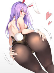 Rule 34 | 1girl, animal ears, ass, backless outfit, bare shoulders, black leotard, blush, breasts, brown pantyhose, deep skin, detached collar, from behind, highres, leaning forward, leotard, long hair, looking at viewer, looking back, nagomian, open mouth, pantyhose, playboy bunny, purple hair, rabbit ears, rabbit girl, rabbit tail, red eyes, reisen udongein inaba, shoulder blades, simple background, skindentation, solo, strapless, strapless leotard, sweatdrop, tail, touhou, very long hair, white background, wrist cuffs