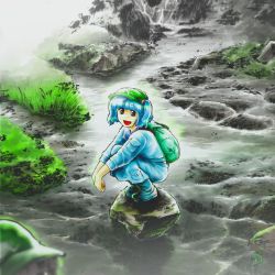 Rule 34 | 1girl, :d, backpack, bag, blue hair, boots, brown eyes, female focus, grass, hair bobbles, hair ornament, hat, kawashiro nitori, nature, open mouth, rock, short hair, short twintails, smile, solo, squatting, stream, stufquin, touhou, twintails, two side up, water