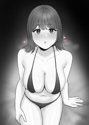 Rule 34 | 1girl, absurdres, bikini, blush, breasts, cleavage, greyscale, highres, long hair, looking at viewer, monochrome, navel, original, parted lips, sitting, solo, sweat, swimsuit, tantanmen72, teeth