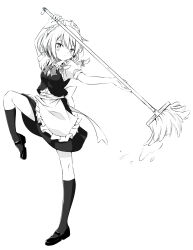 Rule 34 | 1girl, apron, bow, bowtie, braid, closed mouth, collared shirt, commentary request, grey hair, greyscale, highres, holding, holding mop, izayoi sakuya, leg up, light blush, looking at viewer, maid, maid apron, maid headdress, monochrome, mop, puffy short sleeves, puffy sleeves, shirt, shoes, short sleeves, simple background, touhou, tsuukinkaisoku oomiya, twin braids, waist apron, water, white background