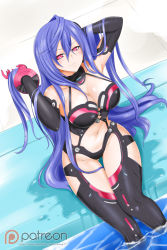 Rule 34 | 1girl, arm behind head, arms up, blue hair, blush, bodysuit, breasts, cleavage, collarbone, cowboy shot, elbow gloves, female focus, from above, gloves, highres, iris heart, kimmy77, large breasts, leotard, long hair, looking at viewer, lying, midriff, navel, neptune (series), partially submerged, pool, poolside, power symbol, purple hair, pururut, red eyes, smile, soaking feet, solo, stomach, symbol-shaped pupils, thigh gap, thighs, very long hair, water, watermark, wet