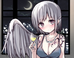 Rule 34 | 1girl, alternate costume, bare shoulders, blush, breasts, city lights, cityscape, cleavage, crescent moon, cup, dress, drinking glass, earmuffs, formal, grey hair, grey wings, head tilt, holding, holding cup, holding drinking glass, indoors, jewelry, kishin sagume, looking at viewer, moon, necklace, night, night sky, purple eyes, shamuichi, shy, single wing, sky, smile, solo, tattoo, touhou, window, wine glass, wings