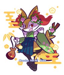 Rule 34 | 1girl, animal ear fluff, animal ears, animal feet, animal hands, animal nose, artist name, bag, black fur, blue hakama, blush, blush stickers, body fur, braixen, clenched hand, creatures (company), detached sleeves, egasumi, english text, fangs, female focus, flat chest, floral print, flower, fox ears, fox girl, fox tail, full body, furry, furry female, game freak, gen 6 pokemon, green kimono, green sleeves, hair flower, hair ornament, hakama, hakama skirt, hands up, happy, highres, holding, holding bag, japanese clothes, kazuairou, kimono, long sleeves, looking at viewer, nintendo, open mouth, pelvic curtain, pink flower, pokemon, pokemon (creature), pouch, red eyes, sideways mouth, simple background, skirt, sleeveless, sleeveless kimono, smile, snout, solo, standing, stick, tail, transparent background, twitter username, underlighting, watermark, white fur, wide sleeves, yellow fur
