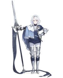 Rule 34 | 1girl, armor, armored boots, asymmetrical clothes, banner, boots, breastplate, full body, gauntlets, grey eyes, hairband, hand on own hip, highres, holding, holding polearm, holding weapon, km yama, original, plate armor, polearm, sabaton, solo, spear, standing, straight-on, sword, weapon, white background, white hair
