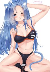 Rule 34 | 1girl, ;), absurdres, animal ear fluff, animal ears, arm up, armpits, artist name, bad id, bad pixiv id, black socks, blue eyes, blue hair, blush, borrowed character, breasts, cat ears, cat girl, cat tail, cleavage, closed mouth, highres, kemonomimi mode, large breasts, long hair, looking back, bae minah (chaesu), navel, one eye closed, original, simple background, sitting, smile, socks, solo, sports bra, stomach, tail, very long hair, vitaminechan, white background