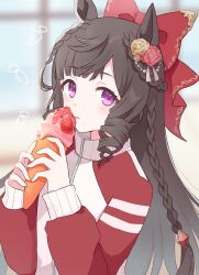 1girl alternate_costume animal_ears barufoa black_hair blurry blurry_background blush commentary_request daiichi_ruby_(umamusume) drill_hair food hair_between_eyes hair_ornament horse_ears horse_girl ice_cream jacket looking_at_viewer purple_eyes solo tongue tongue_out track_jacket umamusume