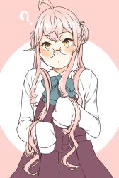 Rule 34 | 1girl, ?, ahoge, aqua bow, aqua bowtie, bow, bowtie, brown dress, collared shirt, commentary request, double bun, dress, dress shirt, glasses, hair bun, highres, kantai collection, makigumo (kancolle), pink background, pink hair, pleated dress, shirt, sleeves past fingers, sleeves past wrists, solo, tamaki., twintails, two-tone background, white shirt, yellow eyes