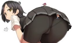 Rule 34 | 4girls, bike shorts, black shorts, blue hair, chibi, fairy (kancolle), foreshortening, from behind, giant, giantess, grey hair, grey skirt, grey vest, hair ornament, hairclip, kantai collection, kuroshio (kancolle), leaning forward, looking at viewer, looking back, mini person, minigirl, multiple girls, panties under bike shorts, pleated skirt, ponytail, purple hair, shirt, short hair, short sleeves, shorts, simple background, skirt, solo focus, striped clothes, striped skirt, twintails, upper body, utopia, vest, white background, white shirt, yellow eyes