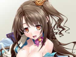 Rule 34 | 10s, 1girl, :d, bare shoulders, blush, bow, breasts, brown eyes, brown hair, cleavage, collarbone, crown, curly hair, female focus, gloves, heart, idolmaster, idolmaster cinderella girls, jewelry, long hair, mini crown, neck ring, one side up, open mouth, pink bow, puff and slash sleeves, puffy short sleeves, puffy sleeves, shimamura uzuki, short sleeves, simple background, smile, solo, soyosoyo, star!!, topless, topless frame, upper body, v, white gloves, yellow background