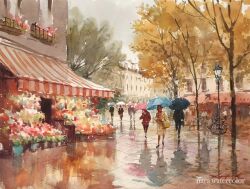 Rule 34 | 6+others, arch, building, day, display, fence, flower, holding, holding umbrella, multiple others, nara watercolor, original, outdoors, painting (medium), restaurant, road, scenery, shop, street, town, traditional media, umbrella, watercolor (medium)