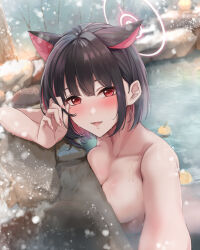 Rule 34 | 1girl, animal ears, bare tree, black hair, blue archive, blush, bob cut, breast rest, breasts, cat ears, cleavage, collarbone, commentary request, completely nude, fangs, fingernails, food, fruit, hair behind ear, halo, highres, kazusa (blue archive), lamp, large breasts, looking at viewer, medium hair, multicolored hair, nail polish, nude, onsen, open mouth, pink eyes, pink hair, pink halo, pink lips, pink nails, reaching, reaching towards viewer, rock, smile, snowing, solo, teeth, tree, two-tone hair, yuzuyu (hyui)