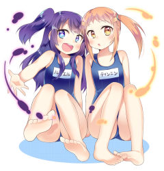 Rule 34 | + +, 1girl, 2girls, :d, :o, barefoot, blue eyes, blush, feet, kaki s, long hair, lumiel (p&amp;d), matching hair/eyes, multiple girls, name tag, one-piece swimsuit, open mouth, orange eyes, orange hair, purple hair, puzzle &amp; dragons, school swimsuit, short hair, sitting, smile, swimsuit, tinnin, toes, twintails, two side up