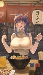 Rule 34 | 1girl, absurdres, adapted costume, alternate hairstyle, blue eyes, blue hair, blunt bangs, bowl, bracelet, breasts, brown sweater, chopsticks, commentary, cup, cut bangs, drinking glass, drooling, english commentary, food, hair intakes, half-closed eyes, highres, holding, holding chopsticks, holding spoon, hololive, hololive english, jewelry, lantern, large breasts, long hair, mouth drool, multicolored hair, nannachu7, noodles, open mouth, ouro kronii, ouro kronii (casual), paper lantern, side ponytail, sitting, sleeveless, sleeveless sweater, smile, solo, spoon, streaked hair, sweater, turtleneck, turtleneck sweater, udon, virtual youtuber