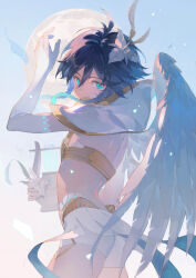 Rule 34 | 1boy, absurdres, angel wings, arched back, arm up, ass, blue sky, bridal gauntlets, chenshuisuhe, covered mouth, cowboy shot, double-parted bangs, from behind, genshin impact, gradient background, hair between eyes, highres, holding, holding instrument, holding lyre, huge moon, instrument, light particles, looking at viewer, looking back, lyre, male focus, moon, short shorts, shorts, sky, solo, venti (archon) (genshin impact), venti (genshin impact), white bridal gauntlets, white shorts, wind, wings