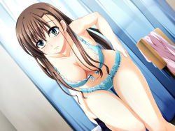 Rule 34 | 1girl, artist request, bent over, blue bra, blue panties, blush, bra, breasts, brown hair, cleavage, dutch angle, game cg, green eyes, hand on own hip, hip focus, kyouka takase, large breasts, lingerie, long hair, navel, official art, okitsune-sama no koisuru omajinai, open bra, panties, solo, thigh gap, underwear, underwear only, undressing, unfastened