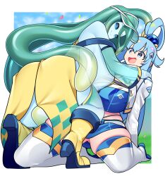 Rule 34 | 2girls, aqua (konosuba), ass, bare shoulders, bellupup, blue eyes, blue gloves, blue hair, blue skin, blue skirt, blue sky, blurry, blurry background, boots, border, breasts, closed mouth, colored skin, confetti, crop top, cropped jacket, crossover, day, detached sleeves, fingerless gloves, from behind, full body, gloves, gradient hair, grass, green hair, high heel boots, high heels, highres, huge breasts, jacket, kneeling, kono subarashii sekai ni shukufuku wo!, long hair, long sleeves, looking at another, matching hair/eyes, midriff, miniskirt, monster girl, monster musume no iru nichijou, multicolored hair, multiple girls, open mouth, outdoors, popped collar, race queen, skindentation, skirt, sky, slime girl, smile, spread legs, suu (monster musume), tentacle hair, thigh boots, umbrella, visor cap, white border, white footwear, white jacket, yellow footwear