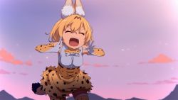 Rule 34 | &gt;:o, 10s, 1girl, :o, animal ears, bare shoulders, blonde hair, bow, bowtie, breasts, closed eyes, cloud, commentary request, elbow gloves, gloves, hair between eyes, high-waist skirt, kemono friends, medium breasts, multicolored clothes, multicolored gloves, orange bow, orange bowtie, orange gloves, orange skirt, orange thighhighs, purple sky, serval (kemono friends), serval print, serval tail, shirt, shouting, skirt, sky, sleeveless, sleeveless shirt, solo, standing, sunset, tail, thighhighs, tomato (lsj44867), v-shaped eyebrows, white shirt