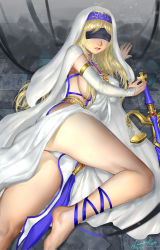 Rule 34 | 10s, 1girl, ariverkao, barefoot, blindfold, blonde hair, breasts, detached sleeves, dress, facing viewer, goblin slayer!, habit, highres, jewelry, large breasts, lips, long hair, lying, necklace, on side, panties, parted lips, ribbon, sideboob, solo, sword, sword maiden, underwear, weapon, white dress, white panties
