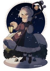 Rule 34 | 1girl, bell, boots, cookie run, cotton cookie, fur-trimmed boots, fur trim, highres, holding, holding lantern, holding staff, lantern, smile, snow, solo, spr1ngtide, staff, standing, white hair