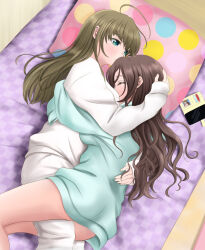 2girls arisugawa_arisu_(mainars) blue_sweater blush brown_hair cellphone closed_eyes closed_mouth commentary_request from_above hand_on_another&#039;s_head highres leg_between_thighs long_hair lying multiple_girls on_bed on_side original pajamas pants phone photo_(object) pillow shirt smartphone smile sweater white_pants white_shirt yuri