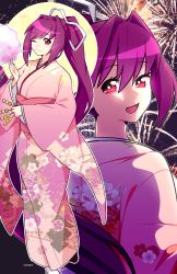 Rule 34 | 1girl, artist name, breasts, bright pupils, cotton candy, dango, fireworks, food, hair ribbon, highres, japanese clothes, kimono, long hair, long sleeves, looking at viewer, lyn (shunao), moon, multiple views, open mouth, pink kimono, ponytail, purple hair, red eyes, ribbon, under night in-birth, wagashi, white pupils, white ribbon, yuzuriha (under night in-birth)